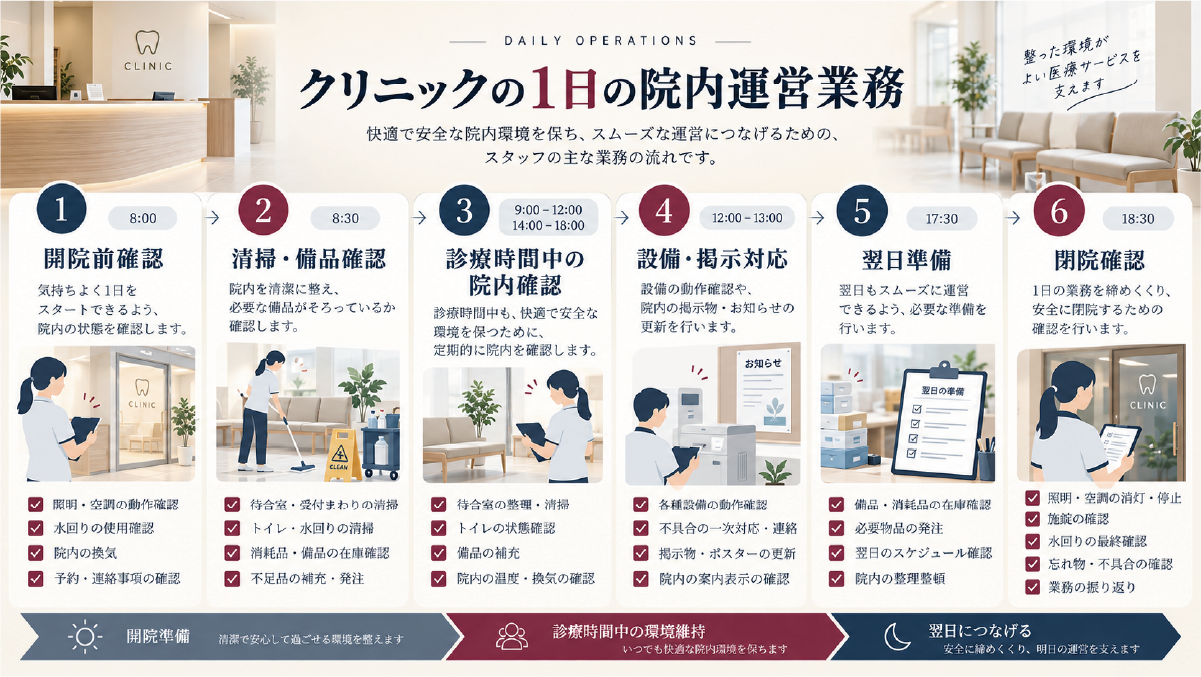 開院前確認、清掃・備品確認、診療時間中の院内確認、設備・掲示対応、翌日準備、閉院確認までクリニックの1日の院内運営業務を整理した流れ