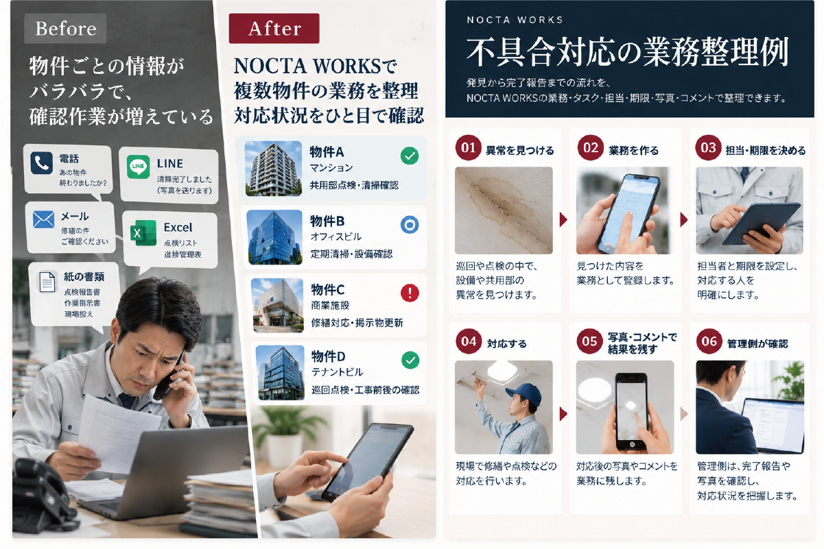 不動産管理やビルメンテナンスで電話、LINE、メール、Excel、紙に分散していた業務を、複数物件の業務として整理するBefore After