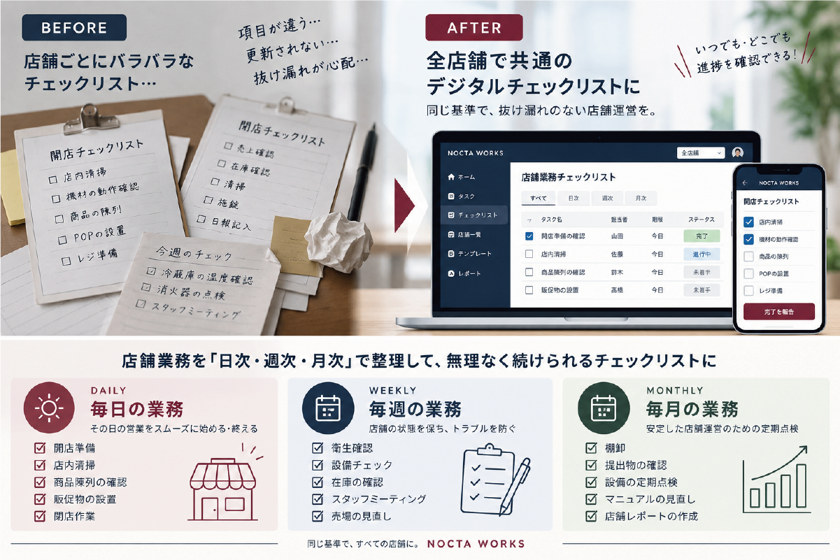 店舗業務を日次・週次・月次のチェックリストに分けて整理するイメージ