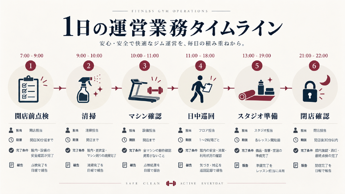 開店前点検、清掃、マシン確認、日中巡回、スタジオ準備、閉店確認までフィットネスジムの1日の業務を整理したタイムライン