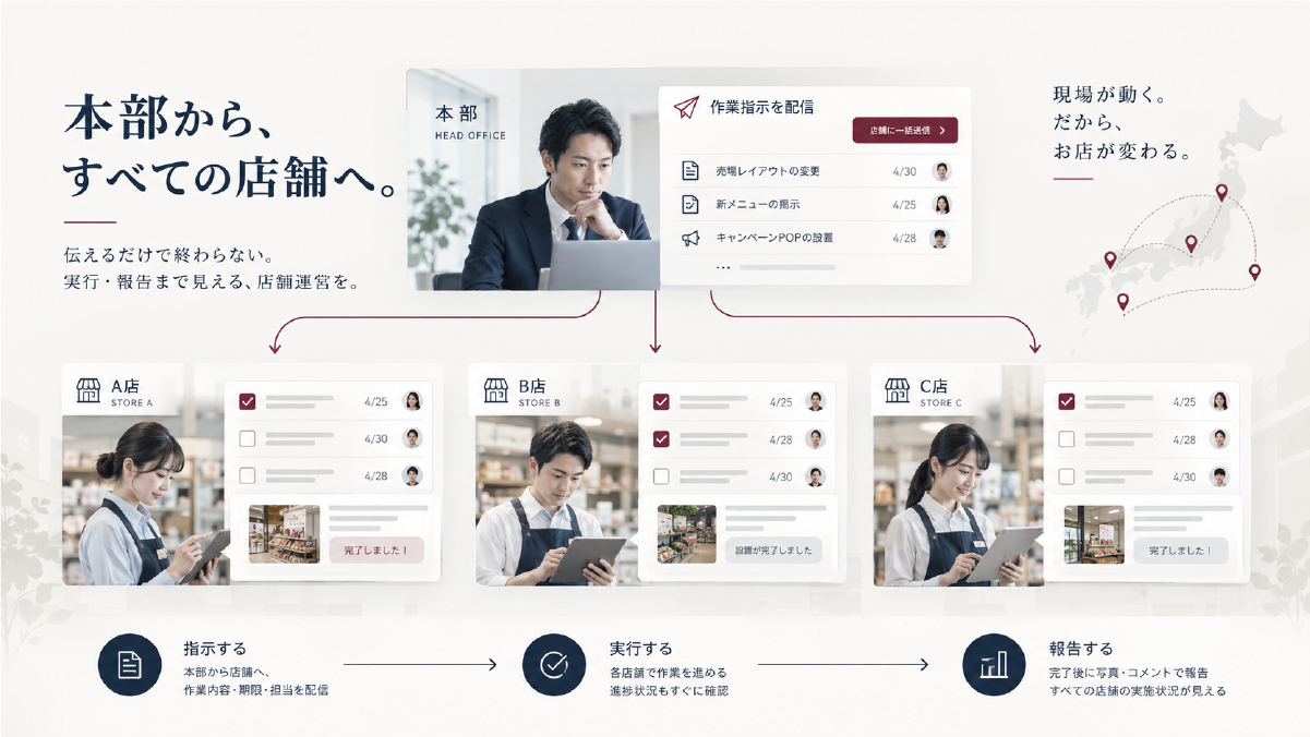 本部から複数店舗へ業務指示を配信し実行状況まで管理するイメージ