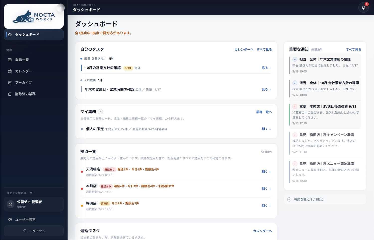 NOCTA WORKSの管理者ダッシュボード画面