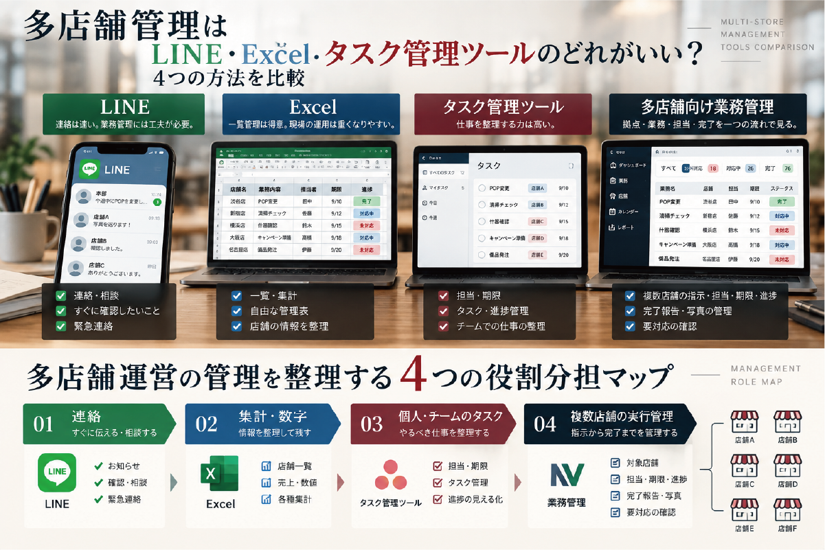 LINEは連絡、Excelは集計と数字、タスク管理ツールは個人やチームのタスク、多店舗向け業務管理は複数店舗の実行管理という役割分担を示した図