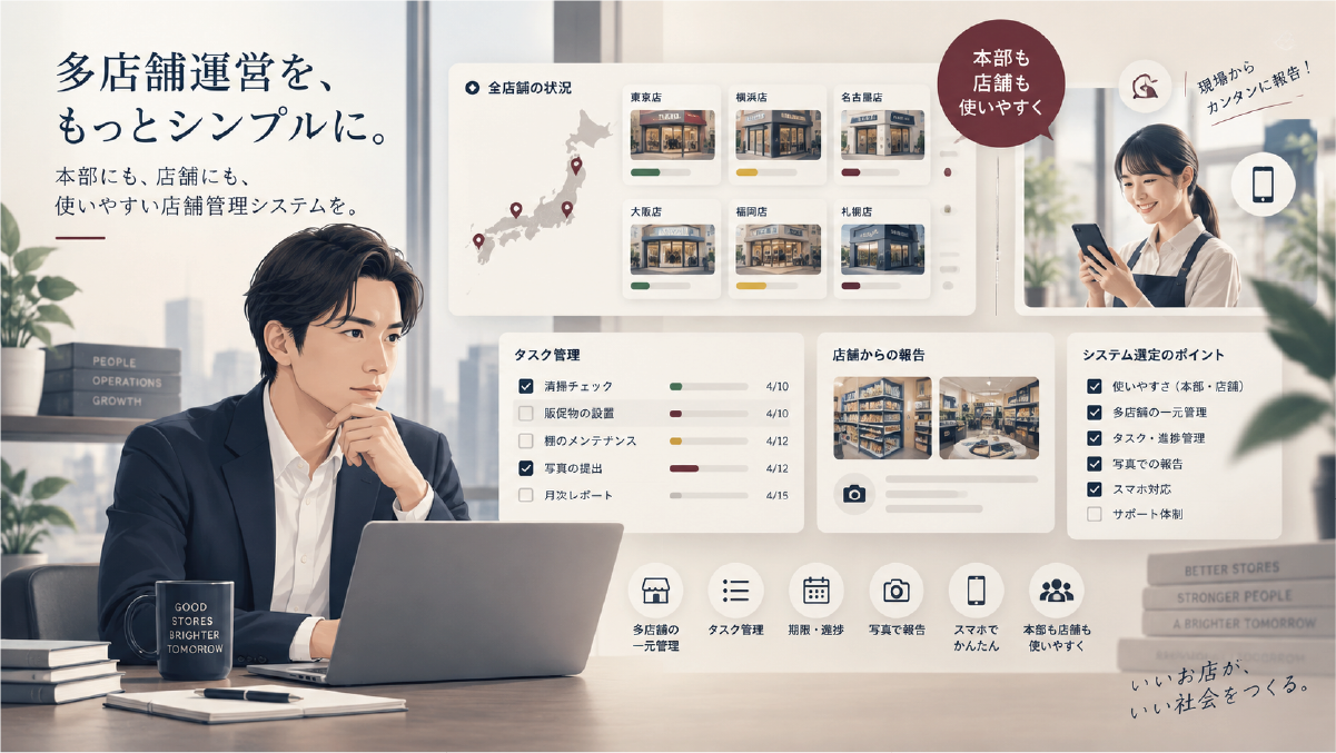 多店舗運営で本部と店舗の両方が使いやすい店舗管理システムを選ぶイメージ