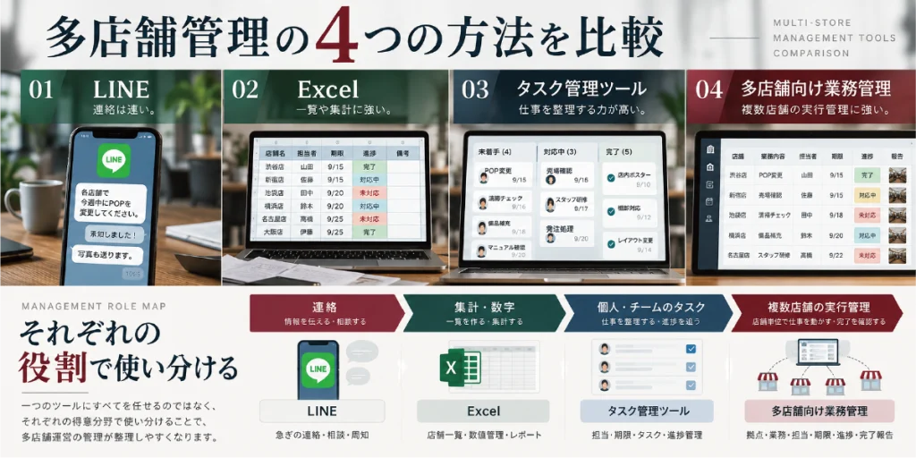 多店舗管理はLINE・Excel・タスク管理ツールのどれがいい？4つの方法を比較