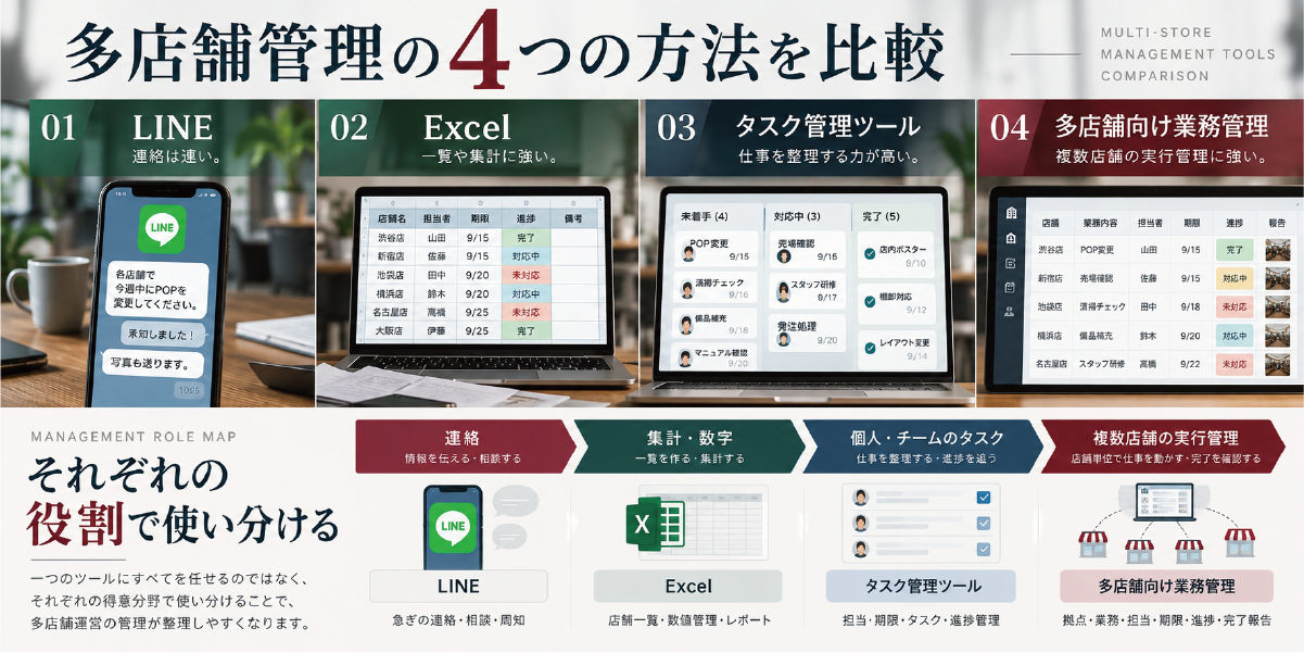 LINE、Excel、タスク管理ツール、多店舗向け業務管理の4つの管理方法を比較した図
