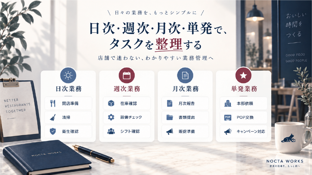 飲食店のタスクを日次・週次・月次・単発業務に分けて整理するイメージ