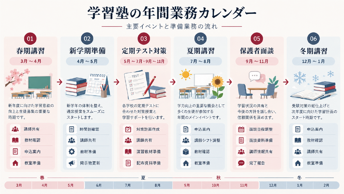 春期講習、新学期準備、定期テスト対策、夏期講習、保護者面談、冬期講習など学習塾の年間業務カレンダー