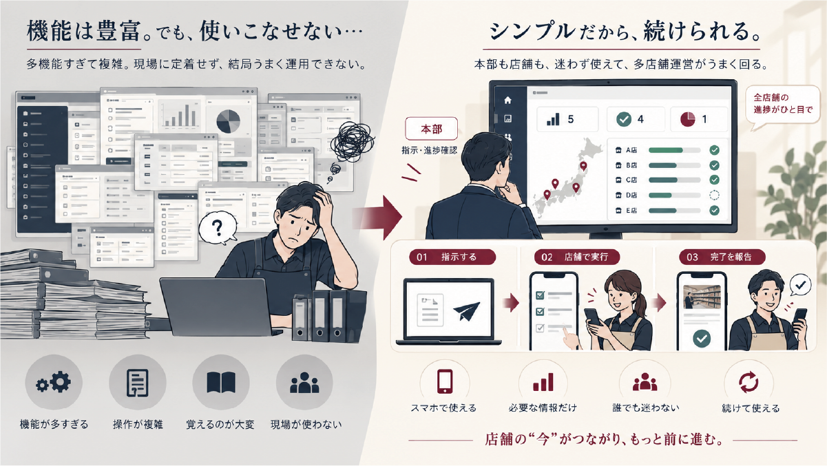 機能が多く複雑な店舗管理システムと、必要な機能に絞った使いやすいシステムの比較