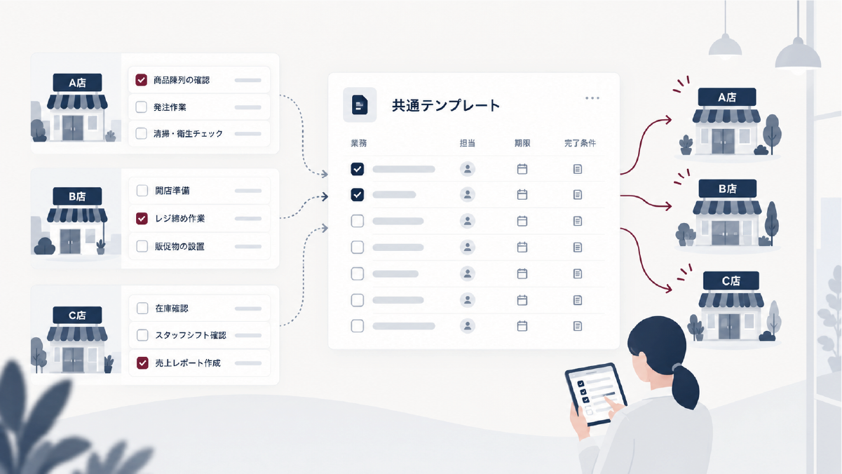 複数店舗で共通テンプレートを使い店舗業務を同じ基準で運用するイメージ